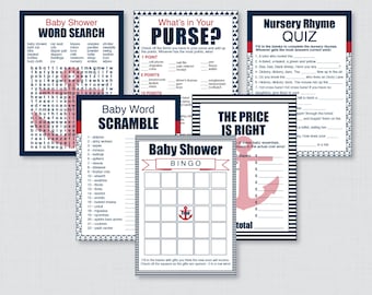 Nautical Baby Shower Games Package in Navy and Red - Six Printable Games: Bingo, Price is Right, etc - Instant Download - Nautical 0029-R