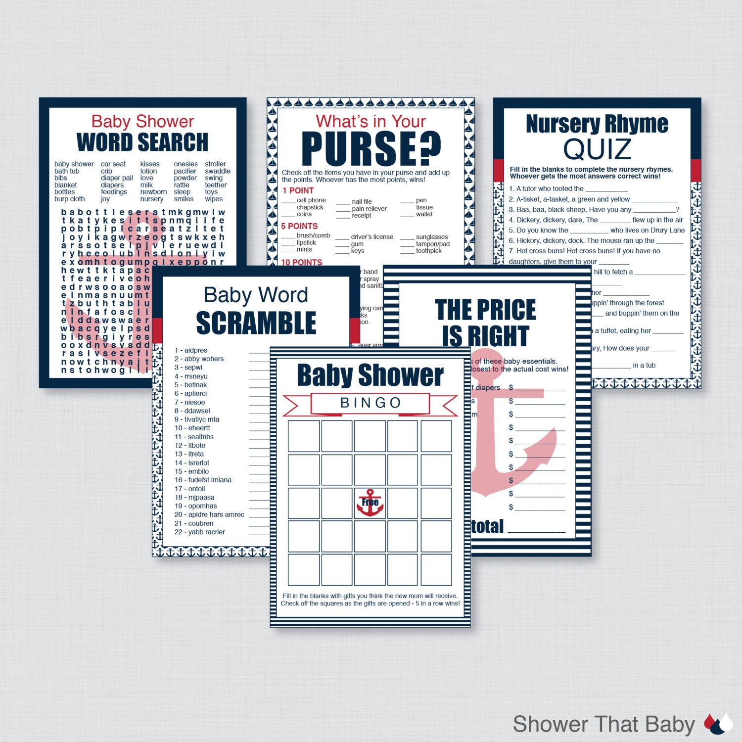 Nautical Baby Shower Games Package in Navy and Red - Six Printable Games:  Bingo, Price is Right, Etc - Instant Download - Nautical 0029-R - Etsy, image size:1500x1500