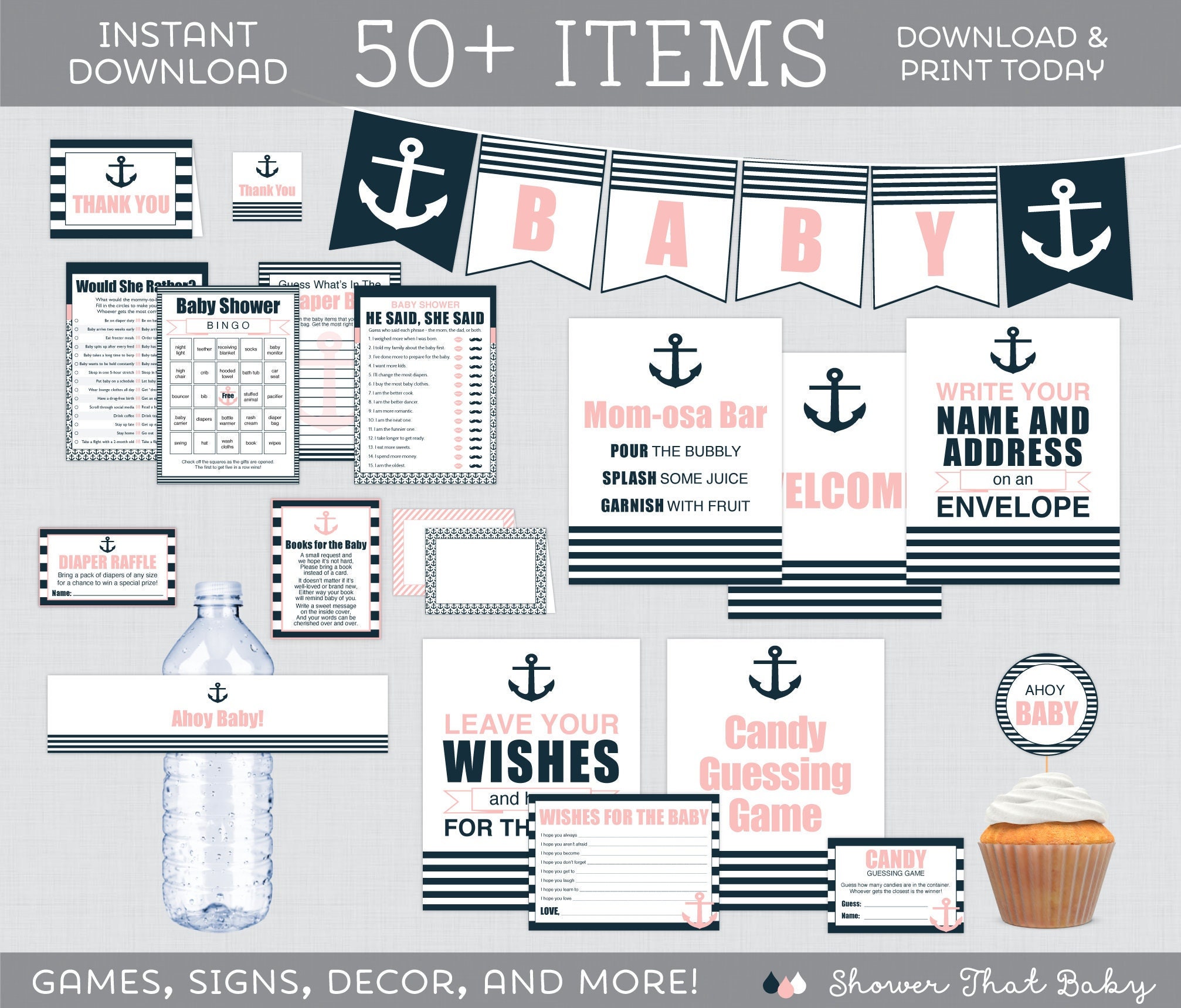 Pink and Navy Nautical Baby Shower Bundle - Over 50 Printable Activities,  Decorations, Signs - Pink Navy Anchor Baby Shower Package 0029-P - Etsy, image size:2014x1720