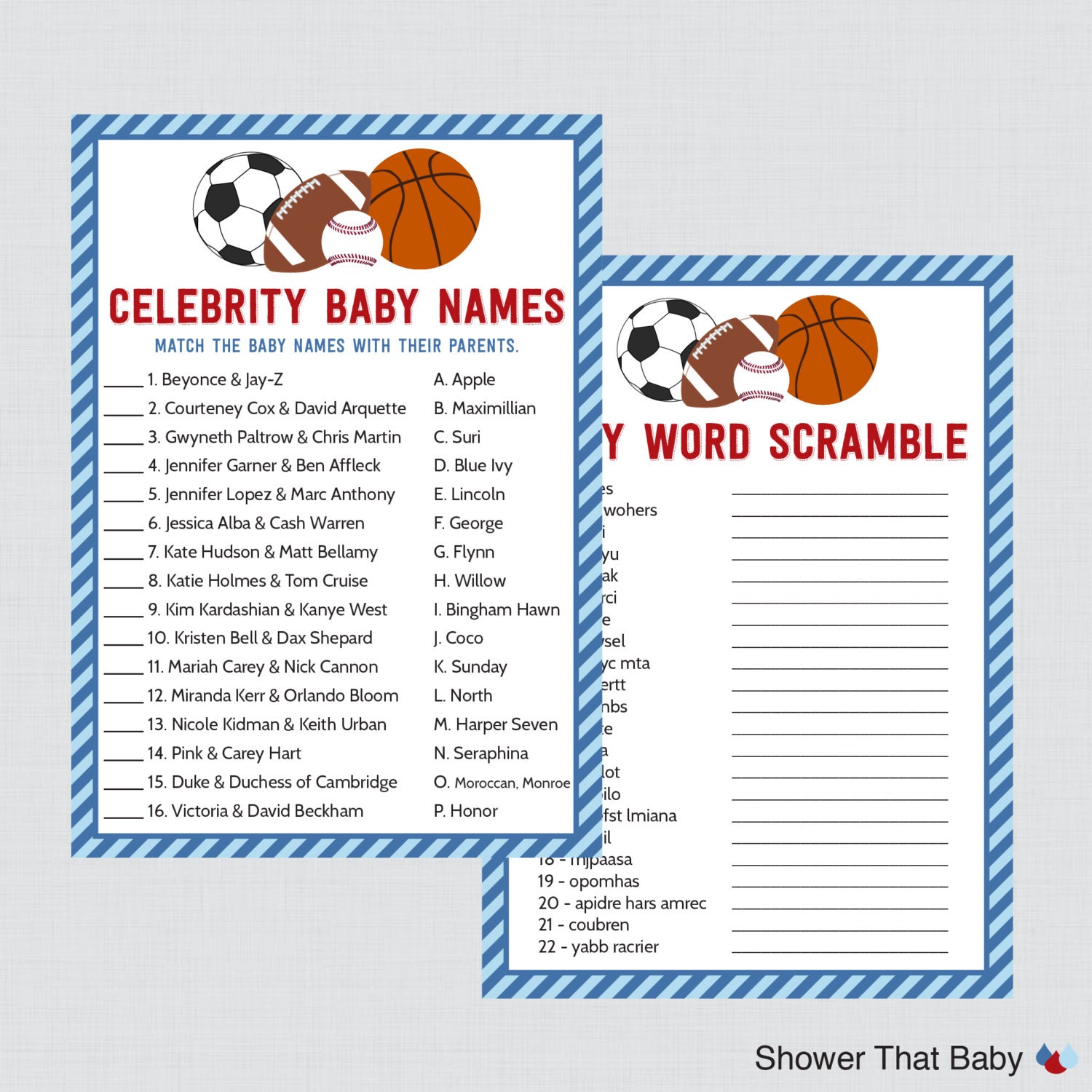 Sports Themed Baby Shower Games Package With Seven Printable | Etsy