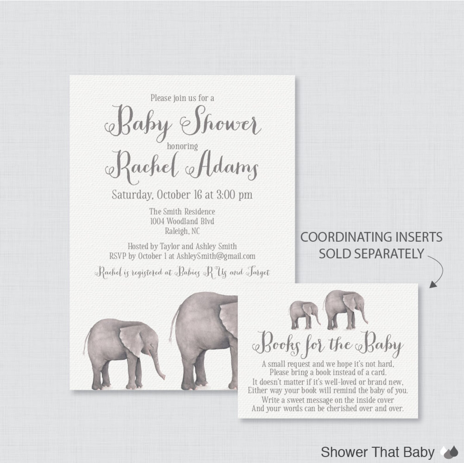 Elephant Baby Shower Invitation Printable or Printed Gray Etsy
