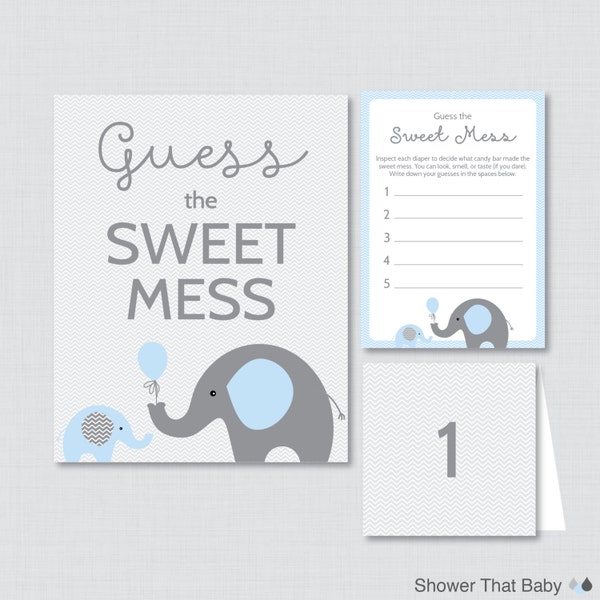 Elephant Baby Shower Diaper Candy Bar Game - Printable Guess The Sweet Mess - Cards, Sign and Labels Candy Bar Diaper Game - Elephant 0024-B