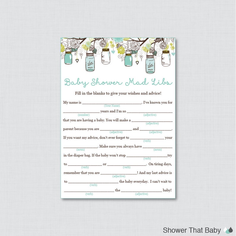 Mason Jar Baby Shower Mad Libs Printable Baby Shower Advice Etsy