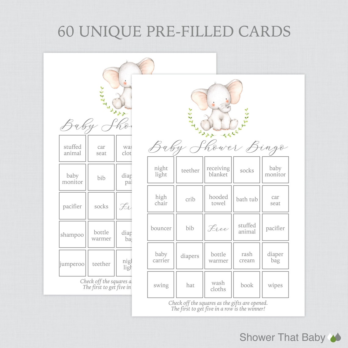 Watercolor Elephant Baby Shower Bingo Cards Printable Blank - Etsy