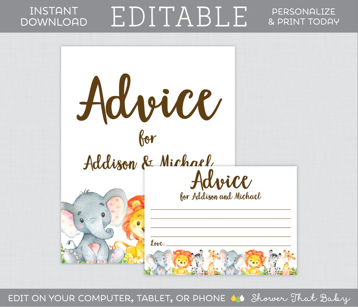 EDITABLE Safari Baby Shower Advice Cards and Sign Advice for Etsy