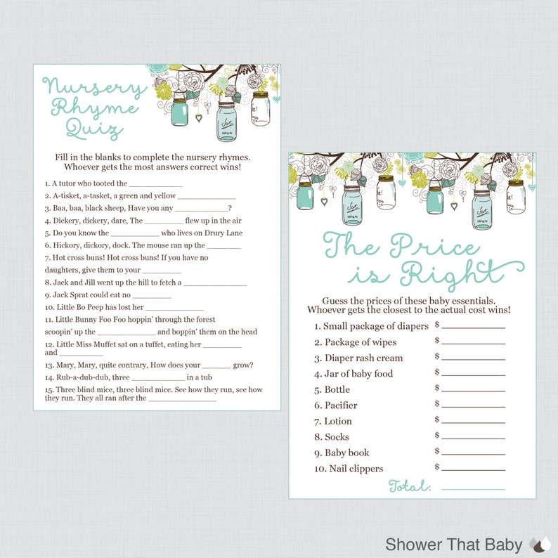 Mason Jar Baby Shower Games Printable Package in Blue Aqua Etsy