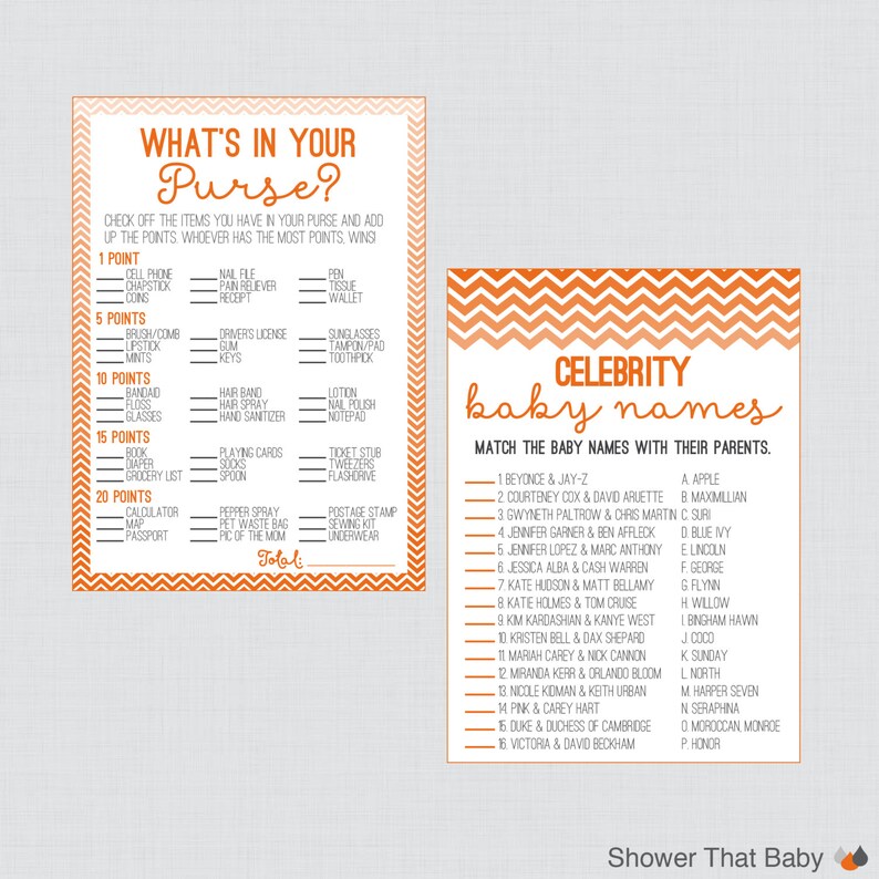 Chevron Baby Shower Games Package in Orange Seven Printable | Etsy