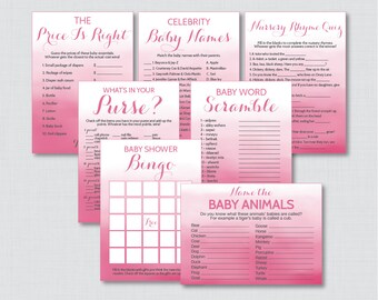 Pink Baby Shower Games Package in Pink Watercolor - Seven Printable Games: Bingo, Price is Right, etc - Instant Download - 0014-P