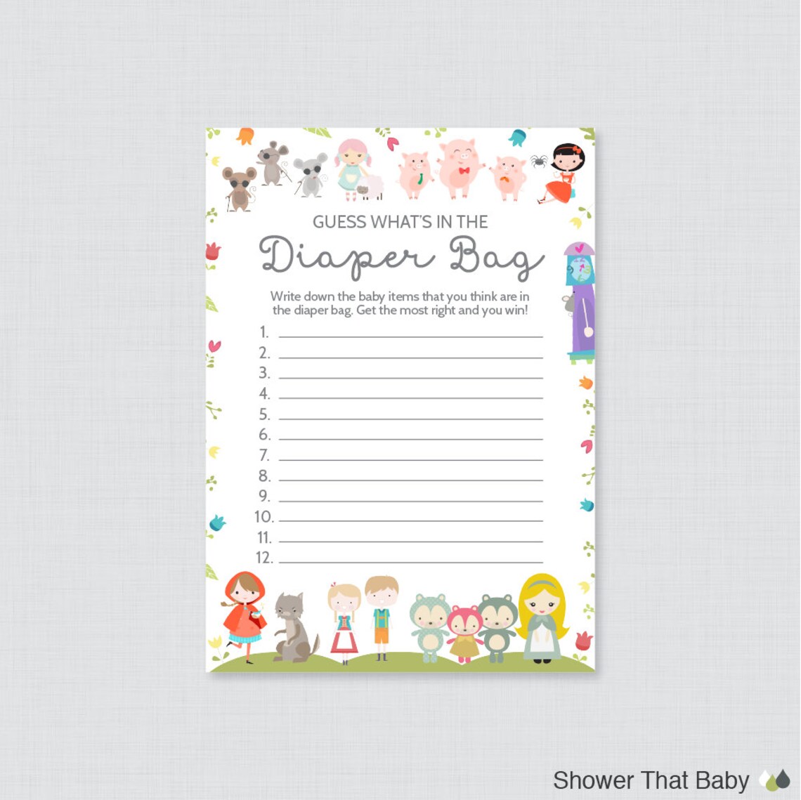Nursery Rhyme Themed Baby Shower Diaper Bag Game Guess Etsy