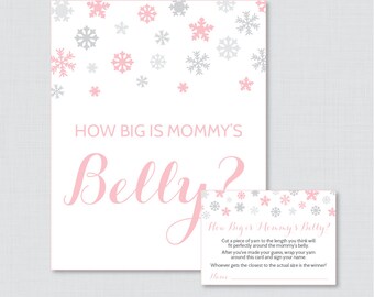 How Big Is Mommy's Belly Game - Printable Pink Winter Baby Shower Belly Guessing Game, Guess Belly Size - Instant Download - 0004-P