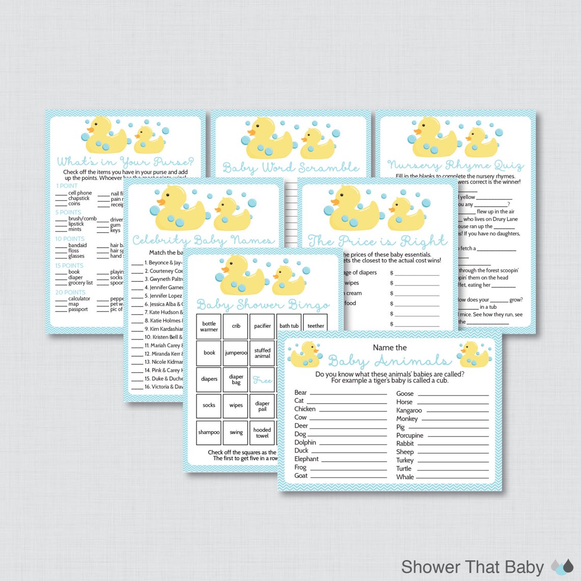 Rubber Ducky Baby Shower Games Package in Blue - Seven Printable Games