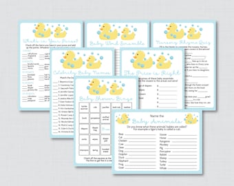 Rubber Ducky Baby Shower Games Package in Blue - Seven Printable Games: Bingo, Price is Right, Purse Game, Nursery Rhyme + More - 0019-B