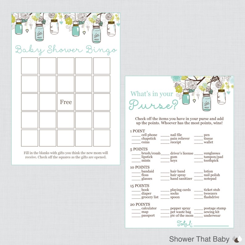 Mason Jar Baby Shower Games Printable Package in Blue Aqua Etsy