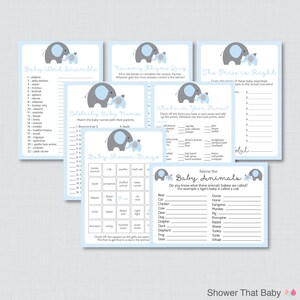 Paquete de juegos de Elephant Baby Shower en azul y gris - Siete juegos imprimibles: bingo, el precio es correcto, etc. - Descarga instantánea - Elephant 0024-B