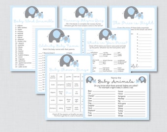 Elephant Baby Shower Games Package in Blue and Gray - Seven Printable Games: Bingo, Price is Right, etc - Instant Download - Elephant 0024-B