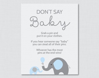 Don't Say Baby Baby Shower Game Printable Elephant Don't Say Baby Sign Diaper Pin Clothes Pin Game - Instant Download - Blue Elephant 0024-B