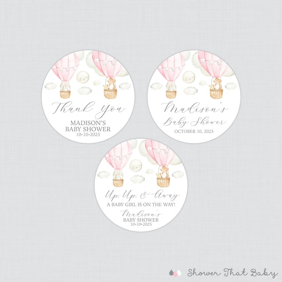 PRINTED Pink Hot Air Balloon Baby Shower Stickers - Pink Up Up And Away Circle Stickers - Hot Air Balloon with Bear Elephant Mouse - 0079-P