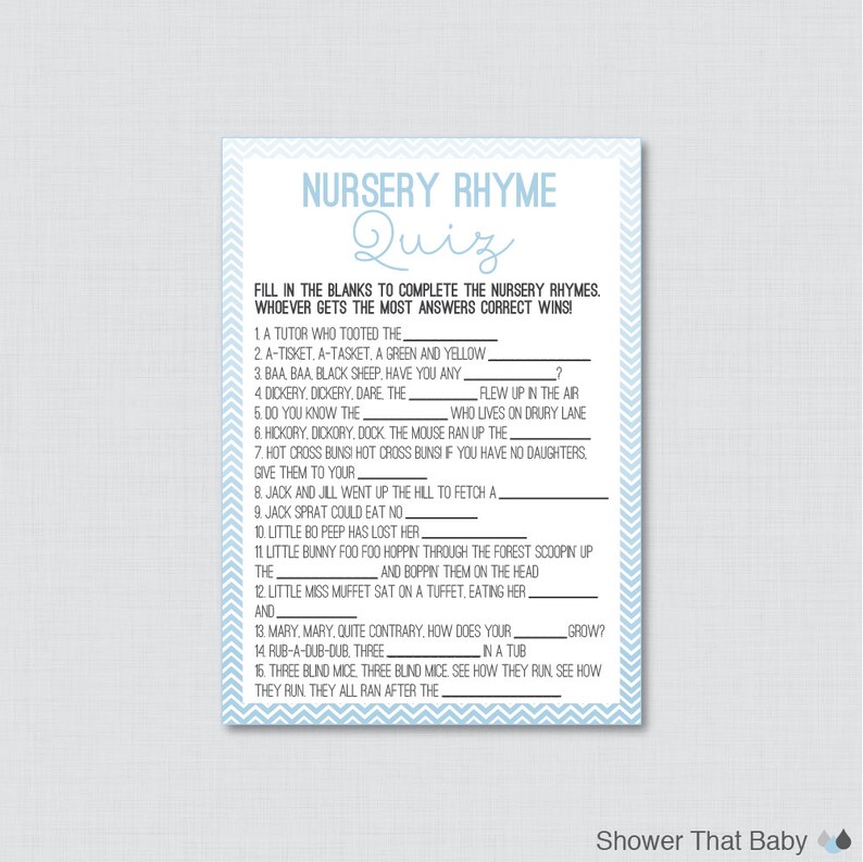 Chevron Nursery Rhyme Quiz Baby Shower Game In Baby Blue Printable Instant Download Nursery Rhyme Game Blue Baby Shower Game 0017 Bb