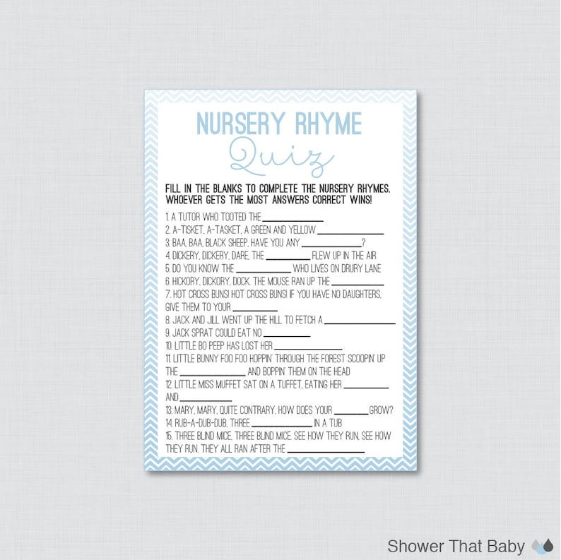 Chevron Nursery Rhyme Quiz Baby Shower Game In Baby Blue Printable Instant Download Nursery Rhyme Game Blue Baby Shower Game 0017 Bb