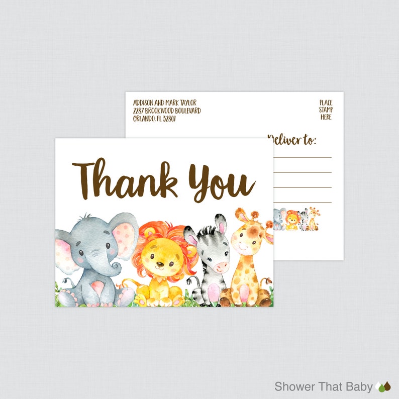 Safari Animal Themed Thank You Postcards Elephant Giraffe Lion Zebra 0060 Printable or Printed Safari Baby Shower Thank You Postcards