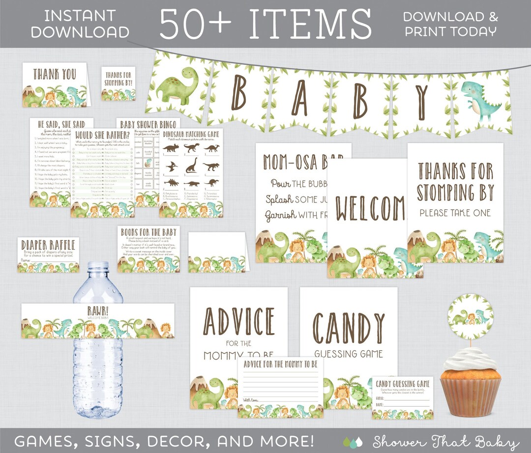 Dinosaur Baby Shower Bundle - Over 50 Printable Activities, Games ...
