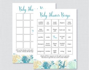 Nautical Baby Shower Bingo Cards - Printable Blank Bingo Cards AND PreFilled Cards - Beach Baby Shower Bingo Cards - Under the Sea 0047-B