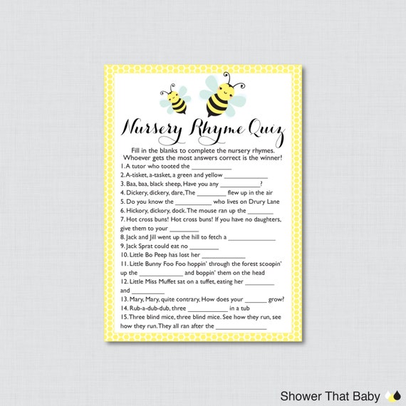 Bumble Bee Nursery Rhyme Quiz Baby Shower Game in Yellow | Etsy Bumble Bee Nursery Rhyme Quiz Baby Shower Game in Yellow | Etsy
