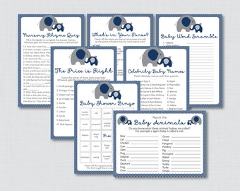 Elephant Baby Shower Games Package in Navy and Gray - Seven Printable Games: Bingo, Price is Right, etc - Instant Download - 0024-N