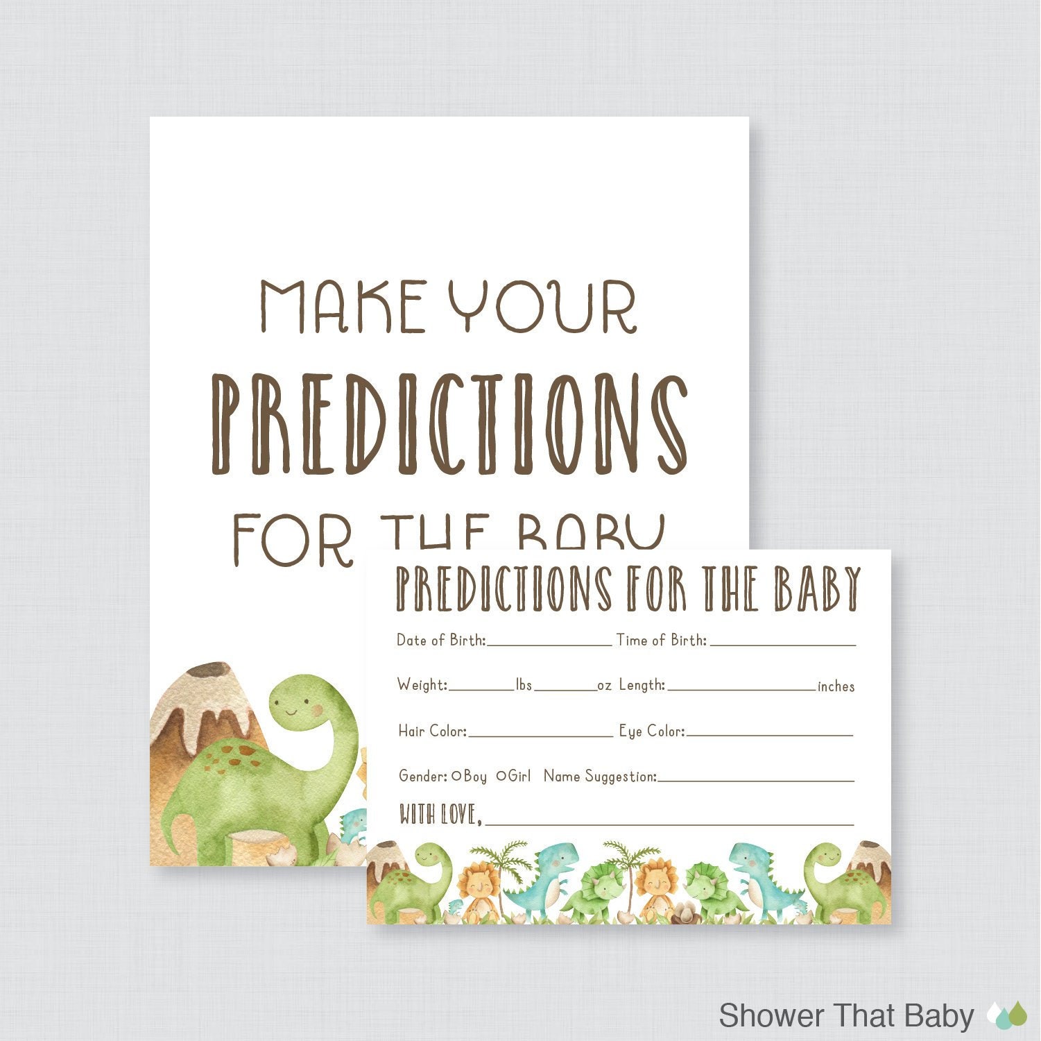 Dinosaur Baby Shower Prediction Cards - Instant Download - Dinosaur Themed Baby Statistics Game Guess Baby's Birthday, Weight - Dino - 0077