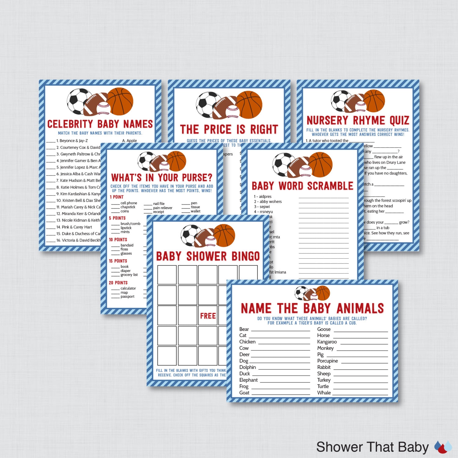 Sports Themed Baby Shower Games Package with Seven Printable Etsy