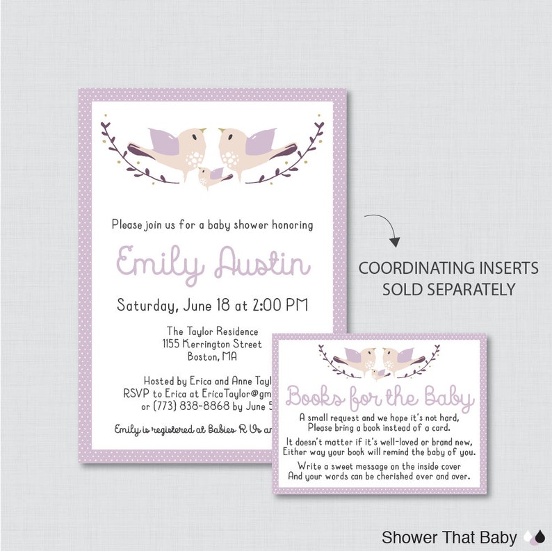Purple Birdie Baby Shower Invites Bird Shower Invitation Baby Girl Invitation Bird Baby Shower Invitation Printable or Printed 0037-R
