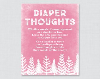 Winter Baby Shower Diaper Thoughts Game - Printable Download - Write on Diaper Words for Wee Hours - Pink Rustic Winter Baby Game 0039-P