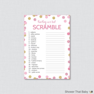 Pink and Gold Baby Shower Word Scramble Game in Pink and Gold Glitter Polka Dots - Printable Instant Download - 0008-p