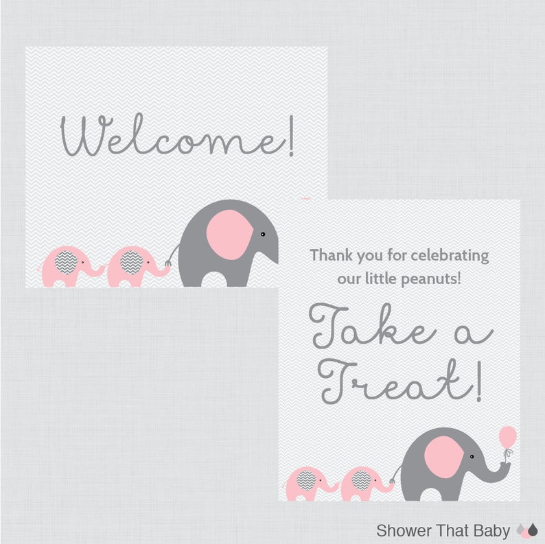 Printable Elephant Twins Baby Shower Table Signs EIGHT Signs Welcome Sign, Favors Sign, etc Pink and Gray Twins Decor 0016-TP image 3