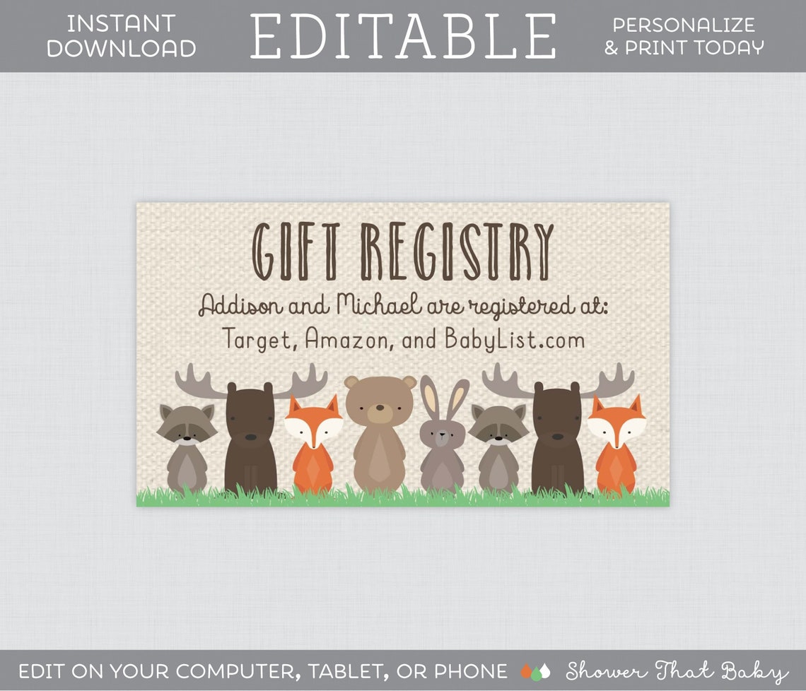 EDITABLE Baby Shower Gift Registry Inserts Woodland Baby Etsy