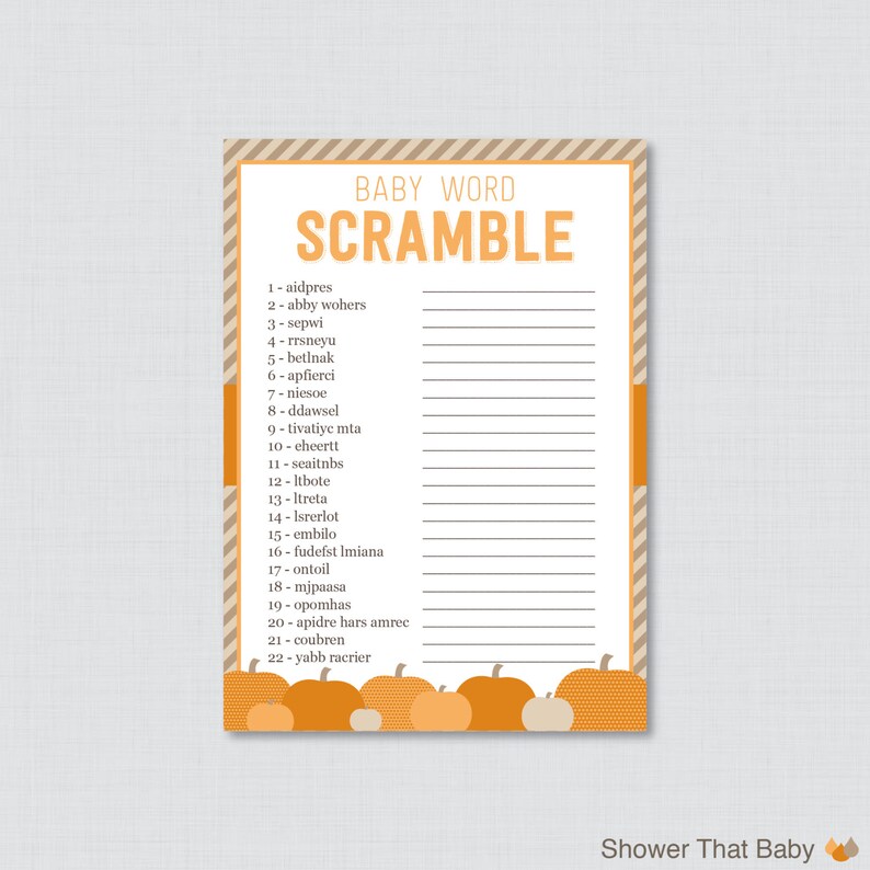 Little Pumpkin Baby Shower Word Scramble Game Printable Instant Fall Autumn 0035 O