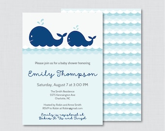 May include: A blue and white baby shower invitation with a whale illustration. The invitation reads "Please join us for a baby shower honoring Emily Thompson. Saturday, August 7 at 3:00 PM. The Smith Residence 5575 Kennsington Ave Charlotte, NC. Hosted by Robin and Anne Smith. RSVP to Robin at Robin@gmail.com. Emily is registered at Babies R Us and Target."