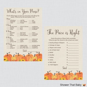 Pumpkin Baby Shower Games Package Seven Printable Games: Bingo, Price is Right, Purse Game, Nursery Rhyme Little Pumpkin Fall Baby 0032 image 4