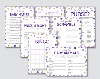 Purple and Gold Baby Shower Games Package with Glitter Polka Dots - Seven Printable Purple Baby Shower Games - Instant Download - 0008-r