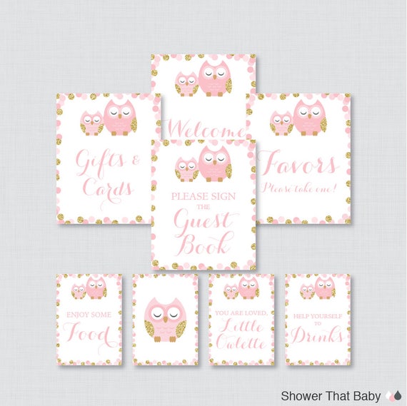 Printable Pink and Gold Owl Baby Shower Table Signs EIGHT | Etsy