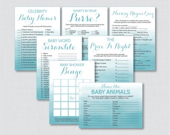 Blue Baby Shower Games Package in Blue Watercolor - Seven Printable Games: Bingo, Price is Right, etc - Instant Download - 0014-B