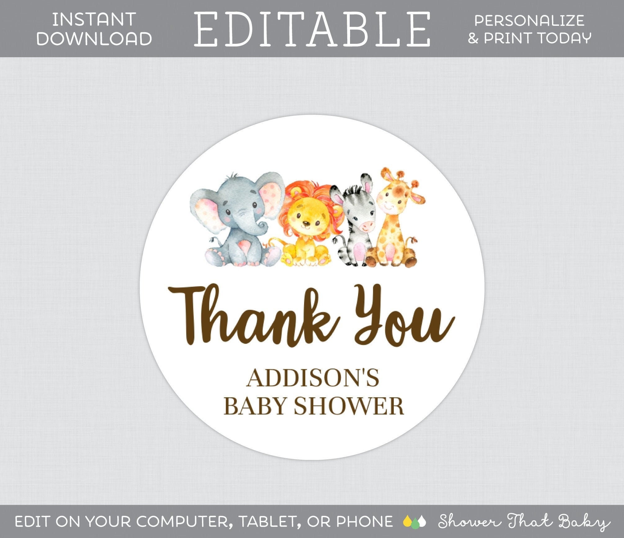 EDITABLE Baby Shower Stickers Safari Baby Shower Stickers Etsy