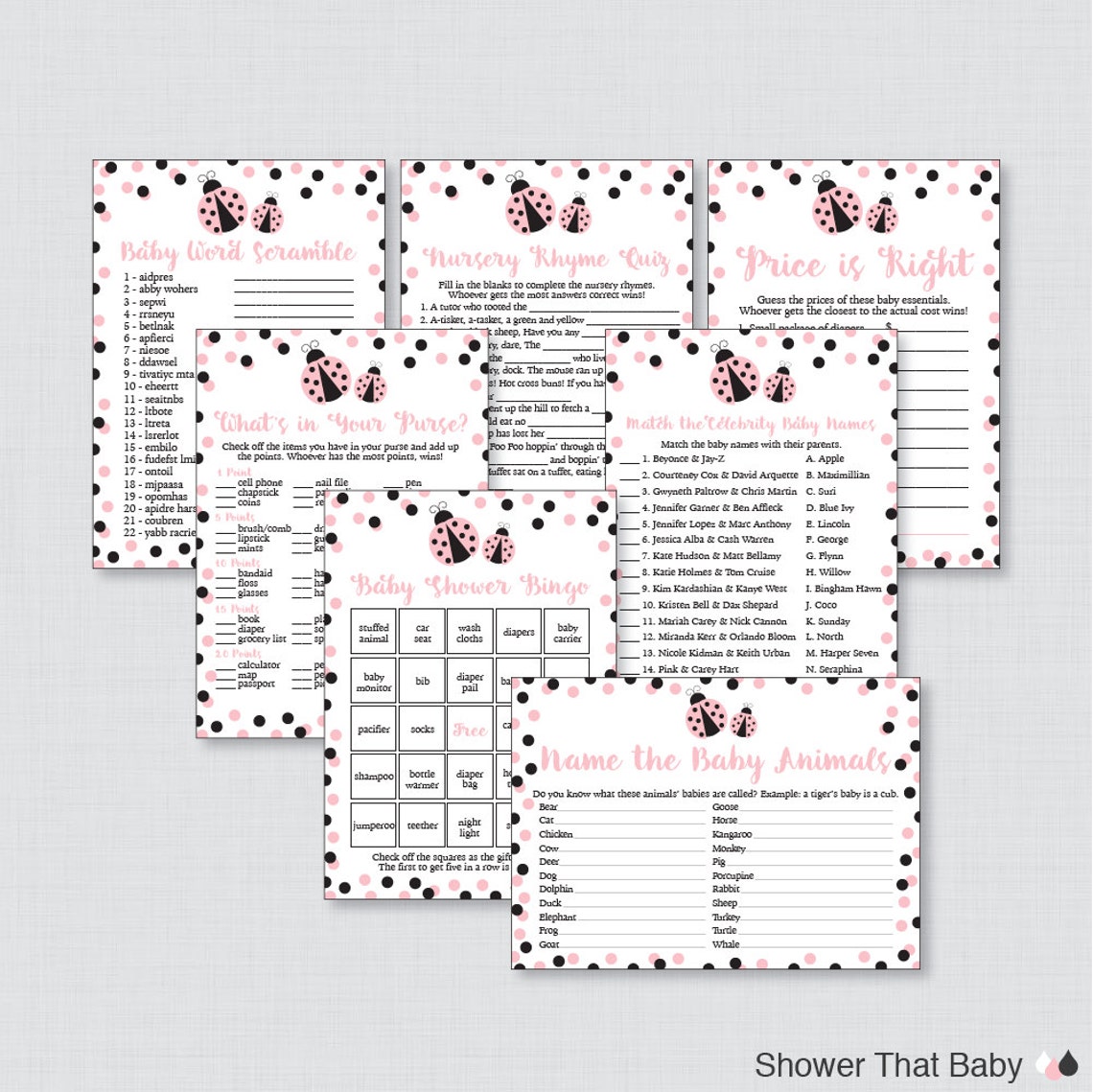 Ladybug Baby Shower Games Package Seven Printable Games: - Etsy
