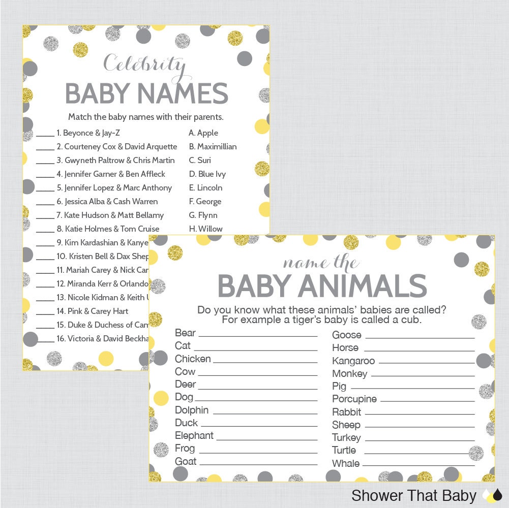 Yellow and Gray Baby Shower Games Package With Glitter Dots - Etsy