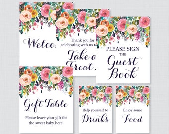 Printable Floral Baby Shower Table Signs - SIX Signs! Welcome Sign, Favors Sign, etc - Instant Download - Flower Baby Table Signs 0025-B