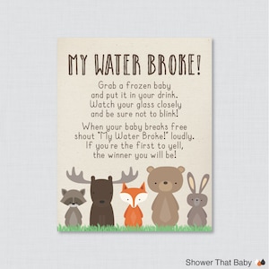 Woodland Baby Shower My Water Broke Game Sign - Printable Download - My Water Broke Baby Shower Activity - Ice Cube Baby Shower Drink - 0010