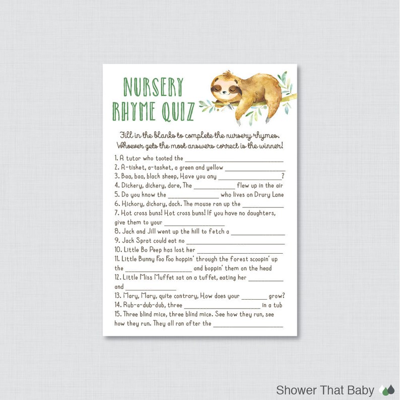 Sloth Nursery Rhyme Quiz Baby Shower Game Printable