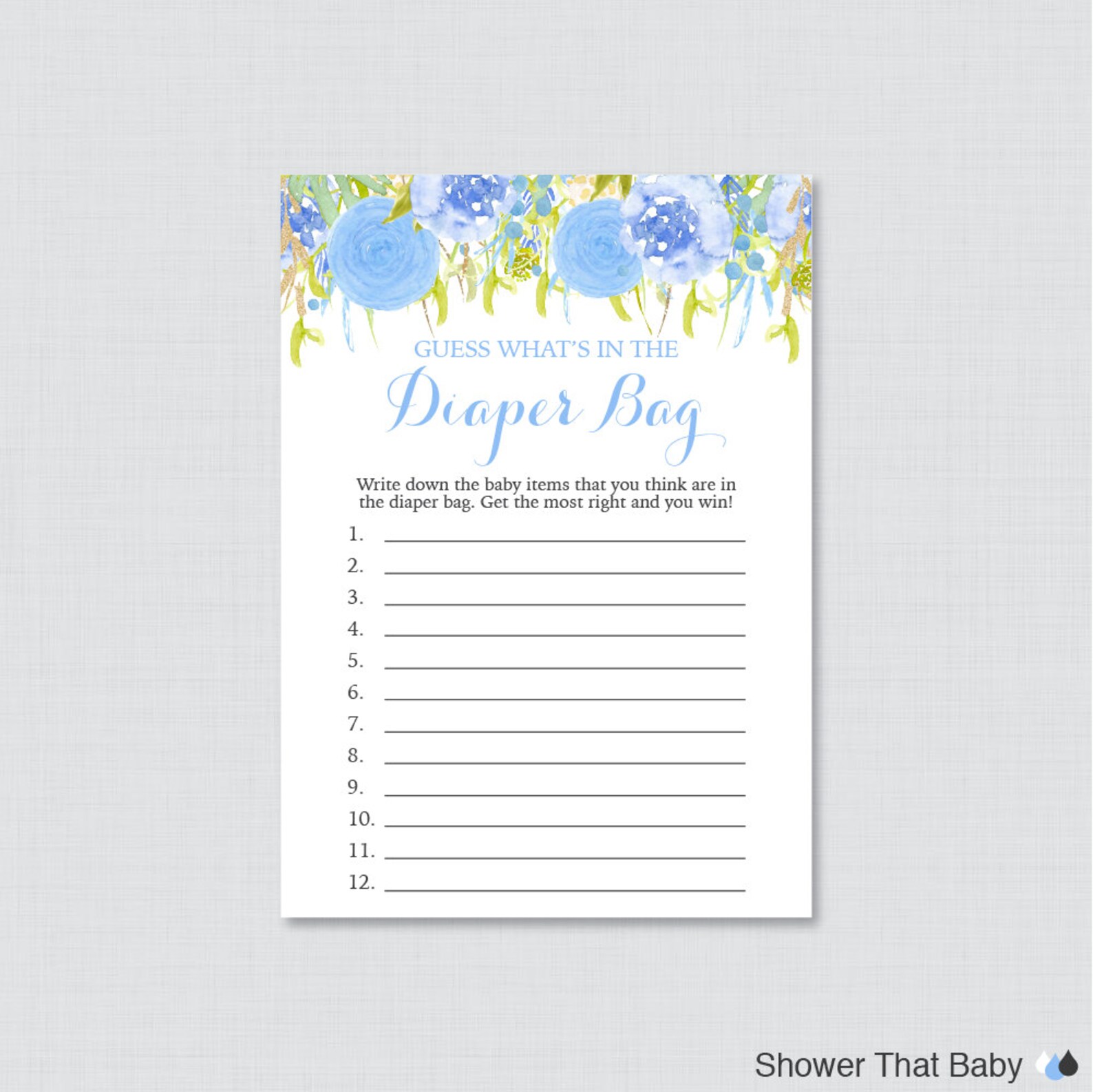 Blue Floral Baby Shower Diaper Bag Game Guess What's in Etsy