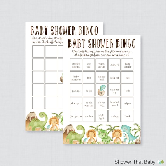 Dinosaur Baby Shower Bingo Cards - Printable Blank Bingo Cards AND PreFilled Bingo Cards - Dinosaur Themed Baby Shower Bingo Game Dino 0077