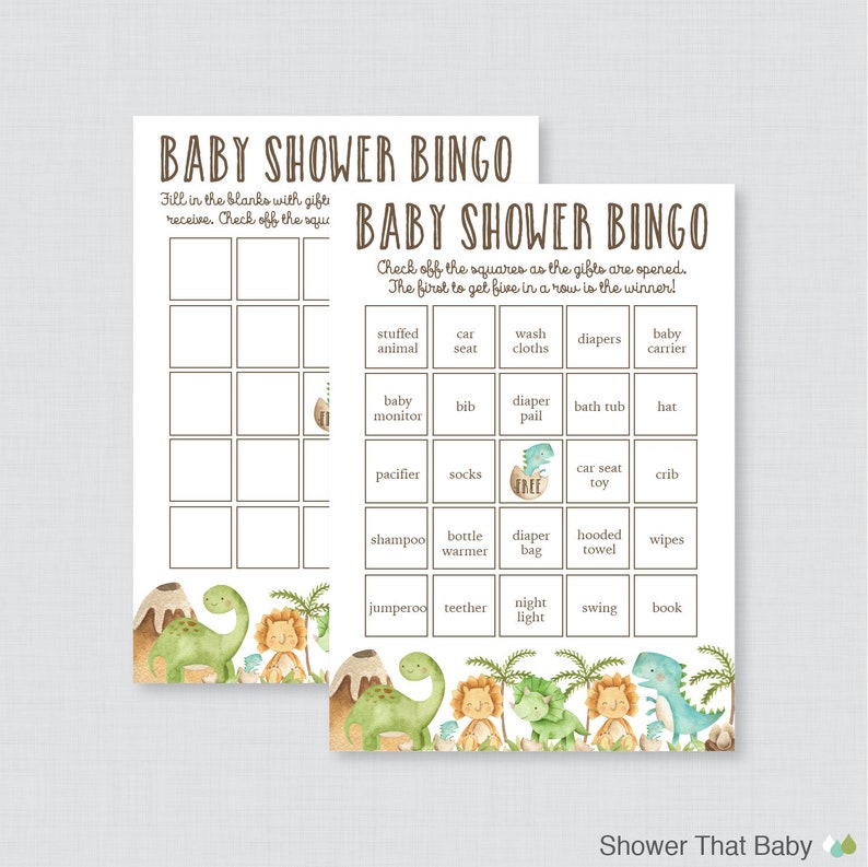May include: Two printable baby shower bingo cards with a dinosaur theme. The cards have a grid of squares with various baby-related items listed in each square. The cards are decorated with green, brown, and yellow dinosaurs and foliage.